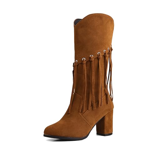 Bviennic Damen Hohe Stiefel Hohen Blockabsatz Mode Runde Zehen Zip Party Stiefeletten 2234 Braun Gr 41 EU/43Cn von Bviennic