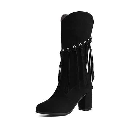 Bviennic Damen Hohe Stiefel Hohen Blockabsatz Mode Runde Zehen Zip Party Stiefeletten 2234 Schwarz Gr 43 EU/45Cn von Bviennic