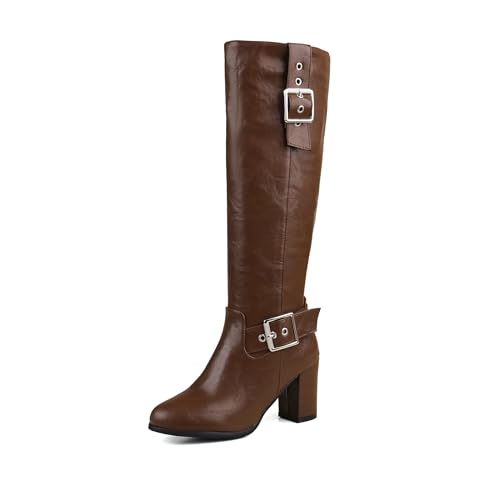 Bviennic Damen Hohe Stiefel Hohen Blockabsatz Retro Runde Zehen Zip Party 2268 Braun Gr 47 EU/49Cn von Bviennic