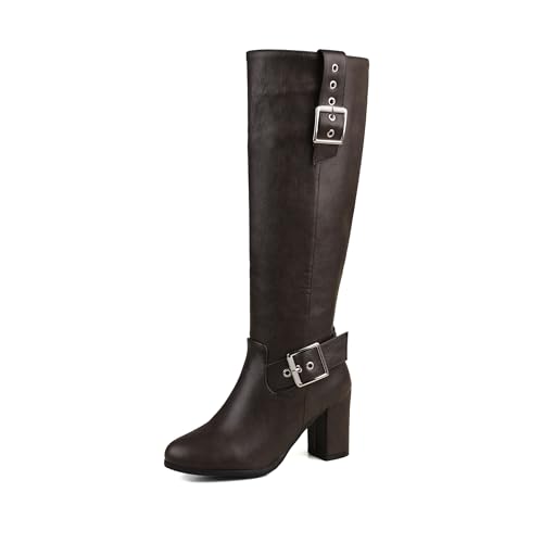 Bviennic Damen Hohe Stiefel Hohen Blockabsatz Retro Runde Zehen Zip Party 2268 Kaffee Gr 42 EU/44Cn von Bviennic