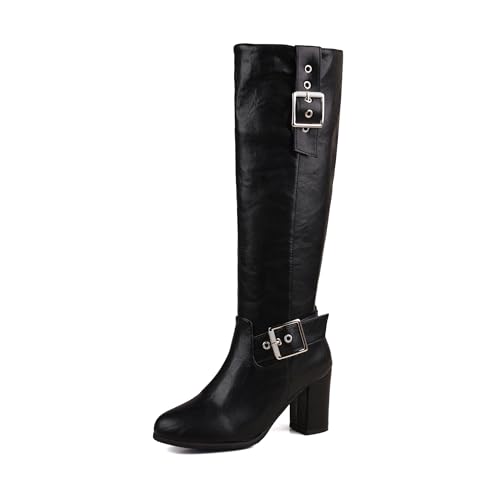 Bviennic Damen Hohe Stiefel Hohen Blockabsatz Retro Runde Zehen Zip Party 2268 Schwarz Gr 40.5 EU/42Cn von Bviennic