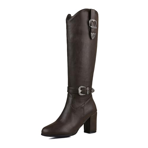 Bviennic Damen Hohe Stiefel Hohen Blockabsatz Retro Runde Zehen Zip Party 2269 Kaffee Gr 47 EU/49Cn von Bviennic