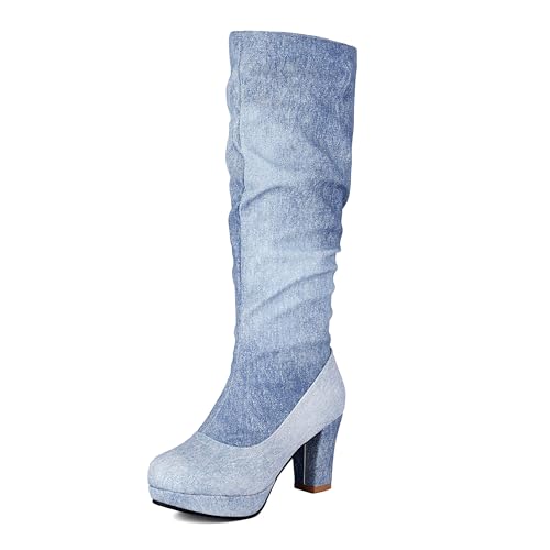 Bviennic Damen Hohe Stiefel Hohen Blockabsatz mit Plateau Mode Runde Zehen Ohne Verschluss Slouch 2204 Blau Gr 40 EU/41Cn von Bviennic