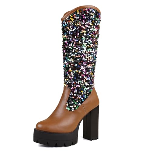 Bviennic Damen Hohe Stiefel Hohen Blockabsatz mit Plateau Mode Runde Zehen Zip Party 2181 Braun Gr 36 EU von Bviennic
