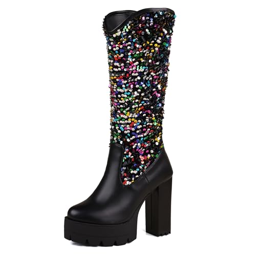 Bviennic Damen Hohe Stiefel Hohen Blockabsatz mit Plateau Mode Runde Zehen Zip Party 2181 Schwarz Gr 36.5 EU/37Cn von Bviennic
