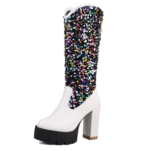 Bviennic Damen Hohe Stiefel Hohen Blockabsatz mit Plateau Mode Runde Zehen Zip Party 2181 Weiß Gr 40.5 EU/42Cn von Bviennic