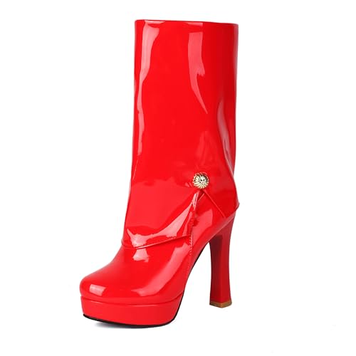 Bviennic Damen Hohe Stiefel Hohen Blockabsatz mit Plateau Mode Runde Zehen Zip Party 2339 Rot Gr 36.5 EU/37Cn von Bviennic
