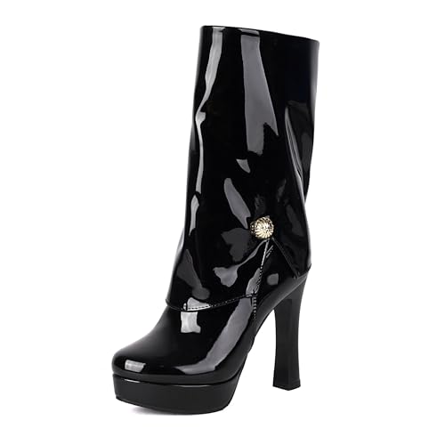 Bviennic Damen Hohe Stiefel Hohen Blockabsatz mit Plateau Mode Runde Zehen Zip Party 2339 Schwarz Gr 37 EU/38Cn von Bviennic