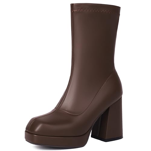Bviennic Damen Hohe Stiefel Hohen Blockabsatz mit Plateau Mode Square Toe Ohne Verschluss Stretch Stiefeletten 2458 Braun Gr 36 EU von Bviennic