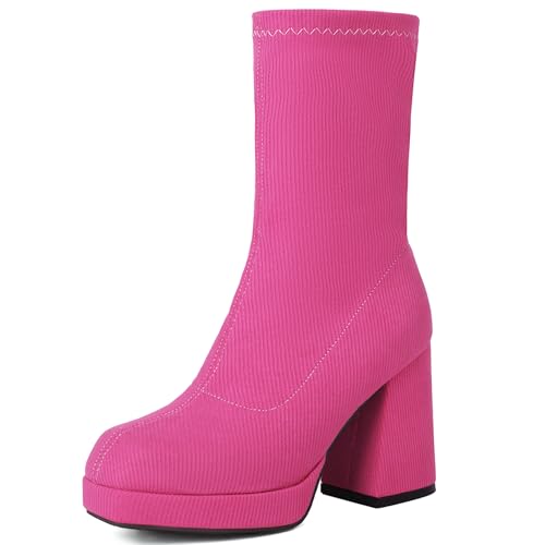 Bviennic Damen Hohe Stiefel Hohen Blockabsatz mit Plateau Mode Square Toe Ohne Verschluss Stretch Stiefeletten 2458 Rose-Rot Gr 41 EU/43Cn von Bviennic
