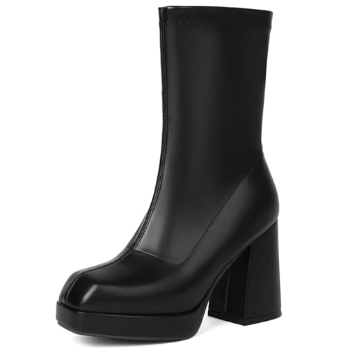 Bviennic Damen Hohe Stiefel Hohen Blockabsatz mit Plateau Mode Square Toe Ohne Verschluss Stretch Stiefeletten 2458 Schwarz-P Gr 45 EU/47Cn von Bviennic
