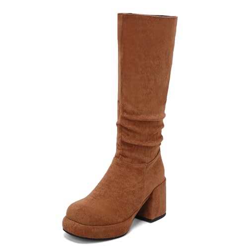 Bviennic Damen Hohe Stiefel Hohen Blockabsatz mit Plateau Simple Runde Zehen Zip Party 2429 Braun Gr 36 EU von Bviennic
