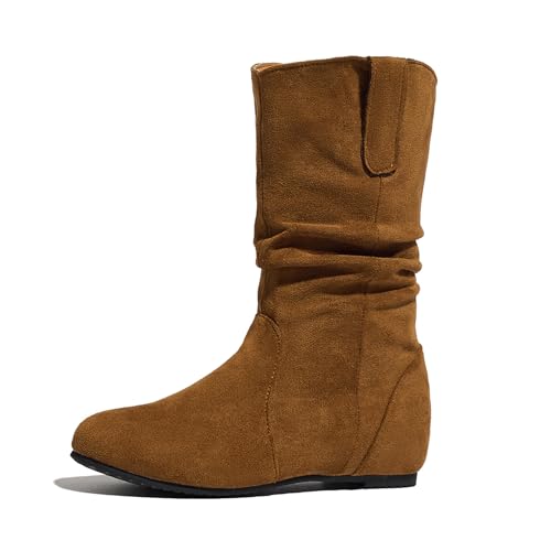 Bviennic Damen Hohe Stiefel Keilabsatz Niedrige Absatz Leisure Runde Zehen Ohne Verschluss Slouch 2310 Braun Gr 38 EU/39Cn von Bviennic