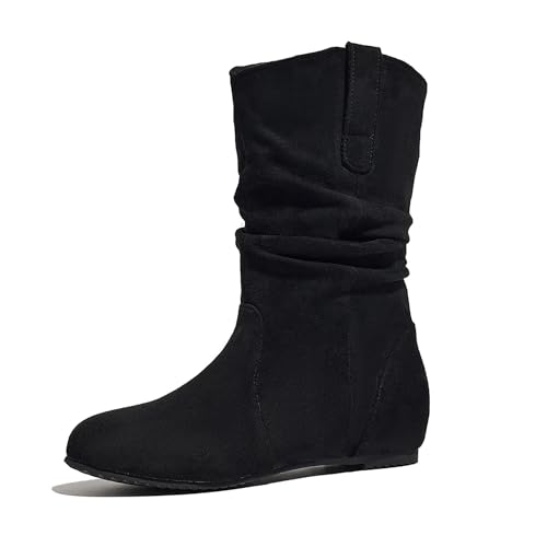Bviennic Damen Hohe Stiefel Keilabsatz Niedrige Absatz Leisure Runde Zehen Ohne Verschluss Slouch 2310 Schwarz Gr 36 EU von Bviennic