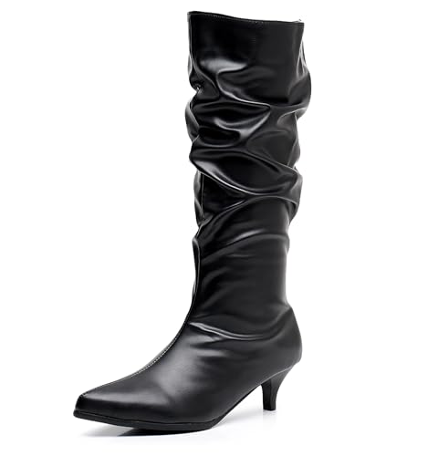 Bviennic Damen Hohe Stiefel Kitten Heel Leisure Pointed Toe Ohne Verschluss Slouch 2228 Schwarz-Ml Gr 40.5 EU/42Cn von Bviennic