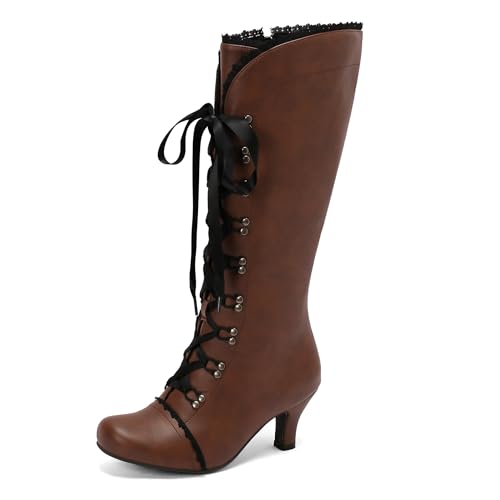 Bviennic Damen Hohe Stiefel Kitten Heel Mode Runde Zehen Zip Daily 2274 Braun Gr 45 EU/47Cn von Bviennic