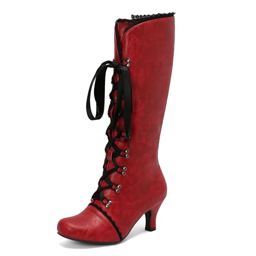 Bviennic Damen Hohe Stiefel Kitten Heel Mode Runde Zehen Zip Daily 2274 Rot-Print Gr 40 EU/41Cn von Bviennic