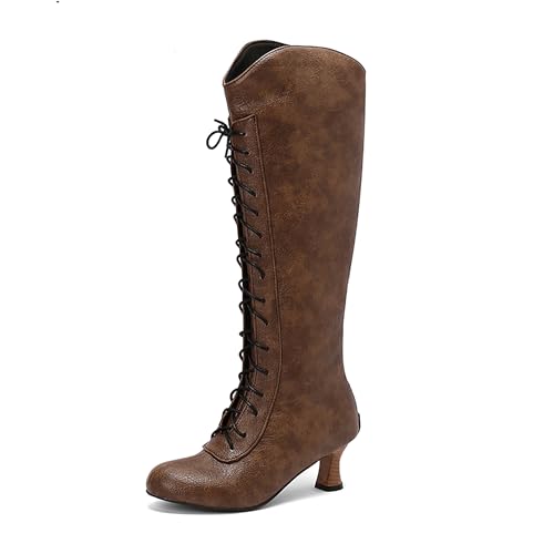Bviennic Damen Hohe Stiefel Kitten Heel Mode Runde Zehen Zip Riding 2261 Braun Gr 40.5 EU/42Cn von Bviennic