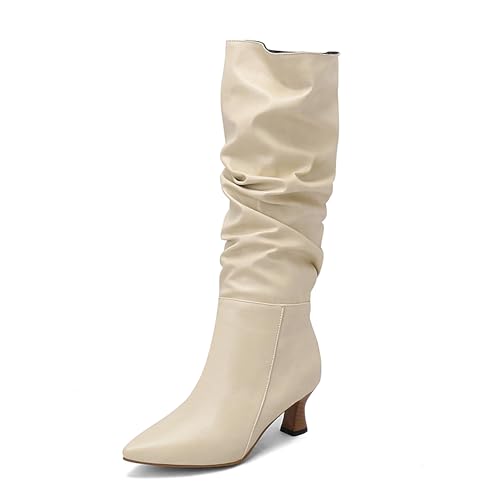 Bviennic Damen Hohe Stiefel Kitten Heel Simple Pointed Toe Ohne Verschluss Slouch 2252 Beige Gr 43 EU/45Cn von Bviennic