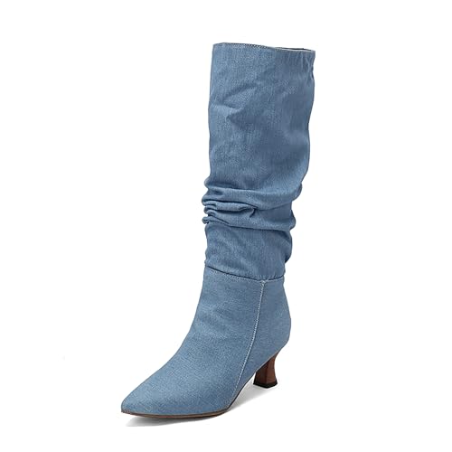 Bviennic Damen Hohe Stiefel Kitten Heel Simple Pointed Toe Ohne Verschluss Slouch 2252 Blau Gr 45 EU/47Cn von Bviennic