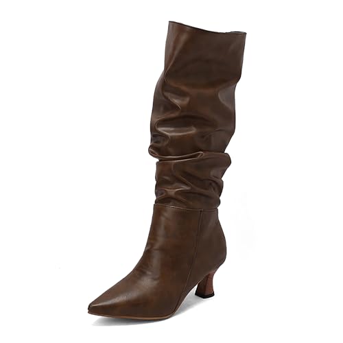 Bviennic Damen Hohe Stiefel Kitten Heel Simple Pointed Toe Ohne Verschluss Slouch 2252 Braun Gr 45 EU/47Cn von Bviennic