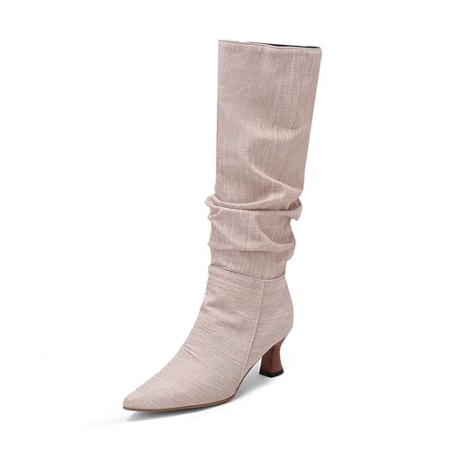 Bviennic Damen Hohe Stiefel Kitten Heel Simple Pointed Toe Ohne Verschluss Slouch 2252 Pink Gr 41 EU/43Cn von Bviennic