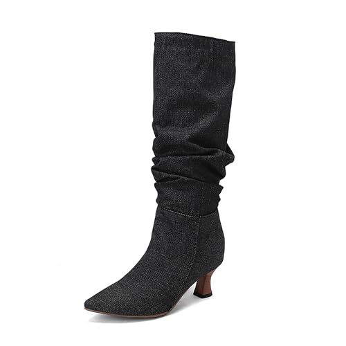 Bviennic Damen Hohe Stiefel Kitten Heel Simple Pointed Toe Ohne Verschluss Slouch 2252 Schwarz-Bm Gr 36.5 EU/37Cn von Bviennic