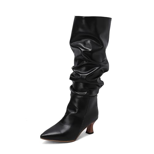 Bviennic Damen Hohe Stiefel Kitten Heel Simple Pointed Toe Ohne Verschluss Slouch 2252 Schwarz-P Gr 40 EU/41Cn von Bviennic