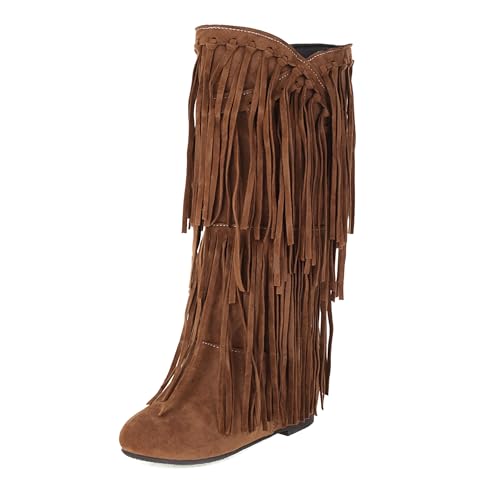 Bviennic Damen Hohe Stiefel Mid Keilabsatz Mode Runde Zehen Ohne Verschluss Daily 2193 Braun Gr 38 EU/39Cn von Bviennic