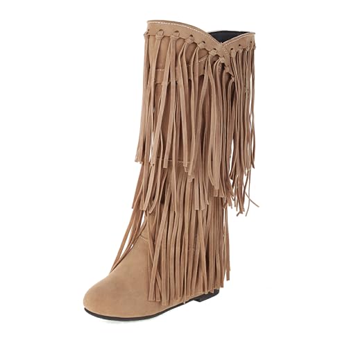 Bviennic Damen Hohe Stiefel Mid Keilabsatz Mode Runde Zehen Ohne Verschluss Daily 2193 Gelb Gr 41 EU/43Cn von Bviennic