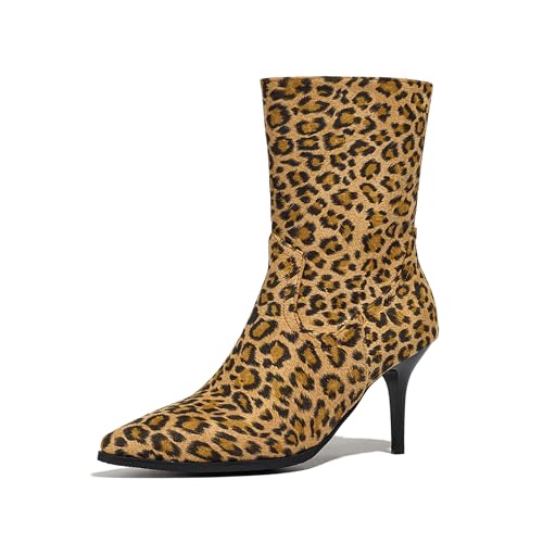 Bviennic Damen Hohe Stiefel Stiletto Höhe Ferse Elegant Pointed Toe Zip Slouch 2300 Leopard-Print Gr 40 EU/41Cn von Bviennic