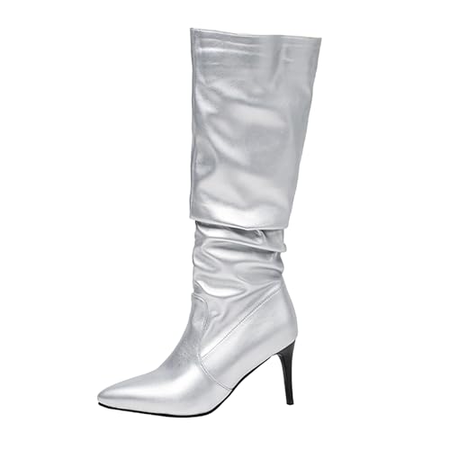 Bviennic Damen Hohe Stiefel Stiletto Höhe Ferse Mode Pointed Toe Ohne Verschluss Slouch 2191 Silber Gr 35 EU von Bviennic