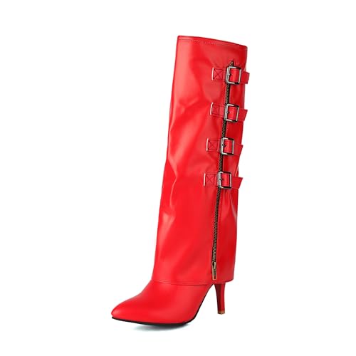 Bviennic Damen Hohe Stiefel Stiletto Höhe Ferse Mode Pointed Toe Zip Party 2220 Rot Gr 41 EU/43Cn von Bviennic