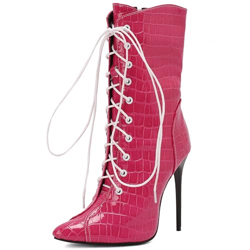 Bviennic Damen Hohe Stiefel Stiletto Höhe Ferse Mode Pointed Toe Zip Party 2464 Rose-Rot Gr 41 EU/43Cn von Bviennic