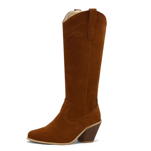 Bviennic Damen Hohe Stiefel Western Höhe Ferse Mode Runde Zehen Ohne Verschluss Cowboy 2213 Gelb Gr 40.5 EU/42Cn von Bviennic