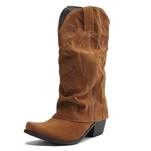 Bviennic Damen Hohe Stiefel Western Mitte Absatz Leisure Almond Toe Ohne Verschluss Cowboy 2393 Braun Gr 40.5 EU/42Cn von Bviennic