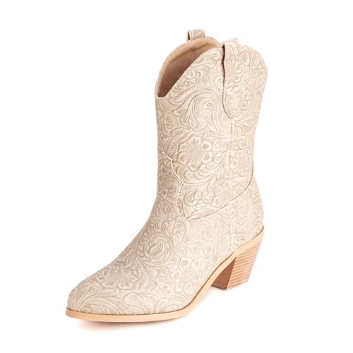 Bviennic Damen Hohe Stiefel Western Mitte Absatz Mode Runde Zehen Ohne Verschluss Cowboy 2370 Aprikose Gr 35 EU von Bviennic