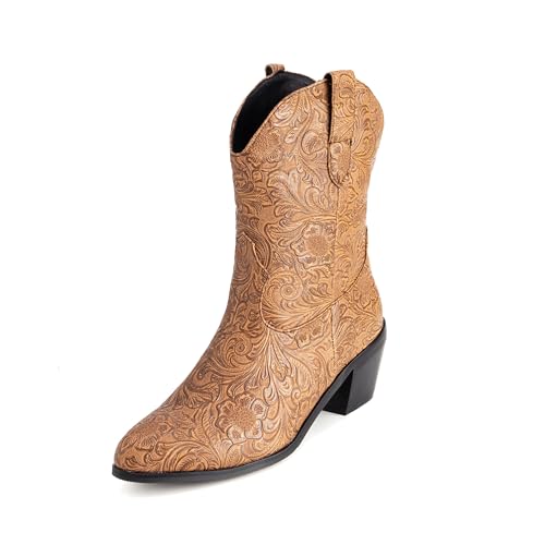 Bviennic Damen Hohe Stiefel Western Mitte Absatz Mode Runde Zehen Ohne Verschluss Cowboy 2370 Gelb-Braun Gr 36.5 EU/37Cn von Bviennic