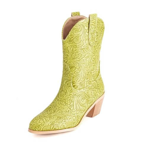 Bviennic Damen Hohe Stiefel Western Mitte Absatz Mode Runde Zehen Ohne Verschluss Cowboy 2370 Gelb Gr 34 EU von Bviennic