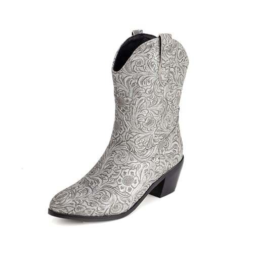 Bviennic Damen Hohe Stiefel Western Mitte Absatz Mode Runde Zehen Ohne Verschluss Cowboy 2370 Grau Gr 40 EU/41Cn von Bviennic