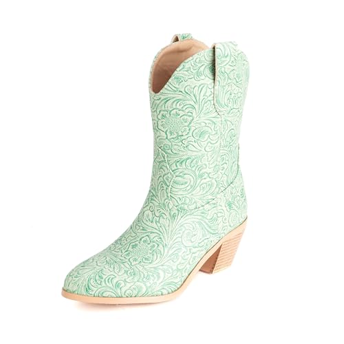 Bviennic Damen Hohe Stiefel Western Mitte Absatz Mode Runde Zehen Ohne Verschluss Cowboy 2370 Light-Grün Gr 36 EU von Bviennic