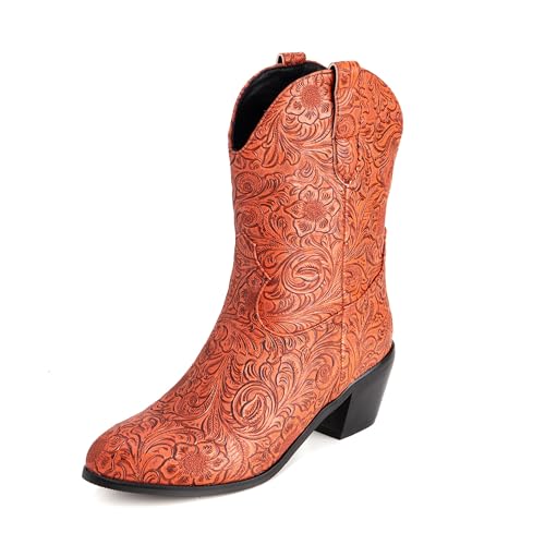 Bviennic Damen Hohe Stiefel Western Mitte Absatz Mode Runde Zehen Ohne Verschluss Cowboy 2370 Orange Gr 36 EU von Bviennic