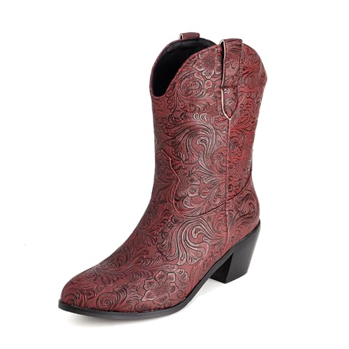 Bviennic Damen Hohe Stiefel Western Mitte Absatz Mode Runde Zehen Ohne Verschluss Cowboy 2370 Rotwein Gr 41 EU/43Cn von Bviennic