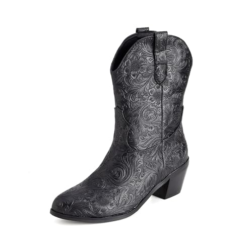 Bviennic Damen Hohe Stiefel Western Mitte Absatz Mode Runde Zehen Ohne Verschluss Cowboy 2370 Schwarz Gr 33.5 EU/33Cn von Bviennic