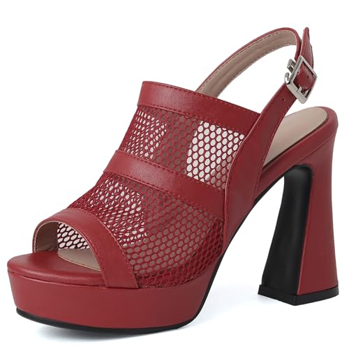 Bviennic Damen Hohen Blockabsatz Sandals mit Plateau Mode 0575 Rot Gr 35 EU von Bviennic