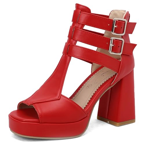 Bviennic Damen Hohen Blockabsatz Sandals mit Plateau Mode 0603 Rot Gr 38 EU/39Cn von Bviennic