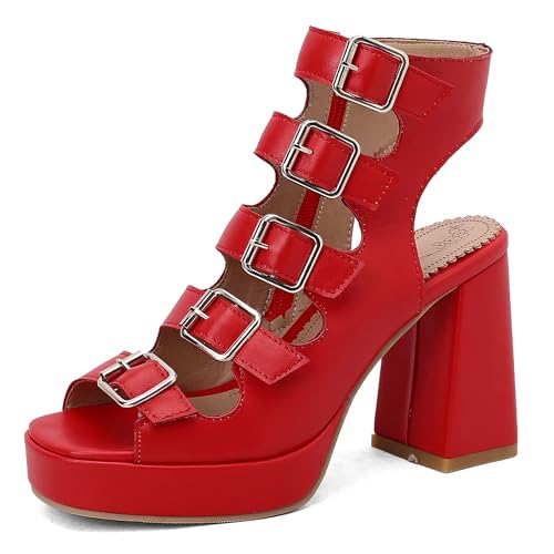 Bviennic Damen Hohen Blockabsatz Sandals mit Plateau Mode 0606 Rot Gr 47 EU/49Cn von Bviennic