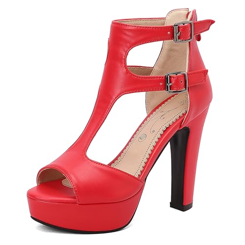 Bviennic Damen Hohen Blockabsatz Sandals mit Plateau Solid 0608 Rot Gr 40 EU/41Cn von Bviennic