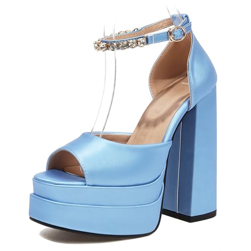 Bviennic Damen Hohen Blockabsatz Sandals mit Plateau Solid 0703 Blau Gr 39 EU/40Cn von Bviennic