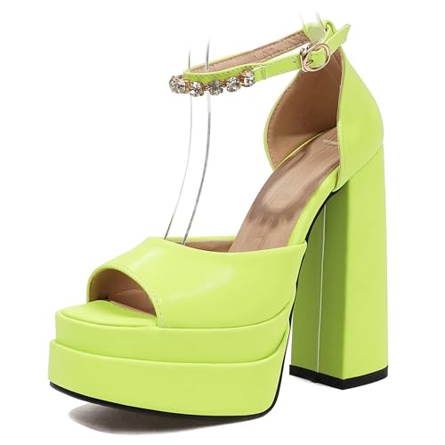 Bviennic Damen Hohen Blockabsatz Sandals mit Plateau Solid 0703 Gelb-Grün Gr 40 EU/41Cn von Bviennic